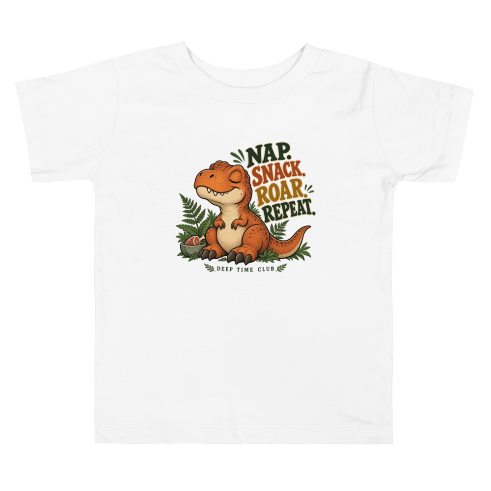Nap. Snack. Roar. Repeat. Tee supplier-rendered front view in White