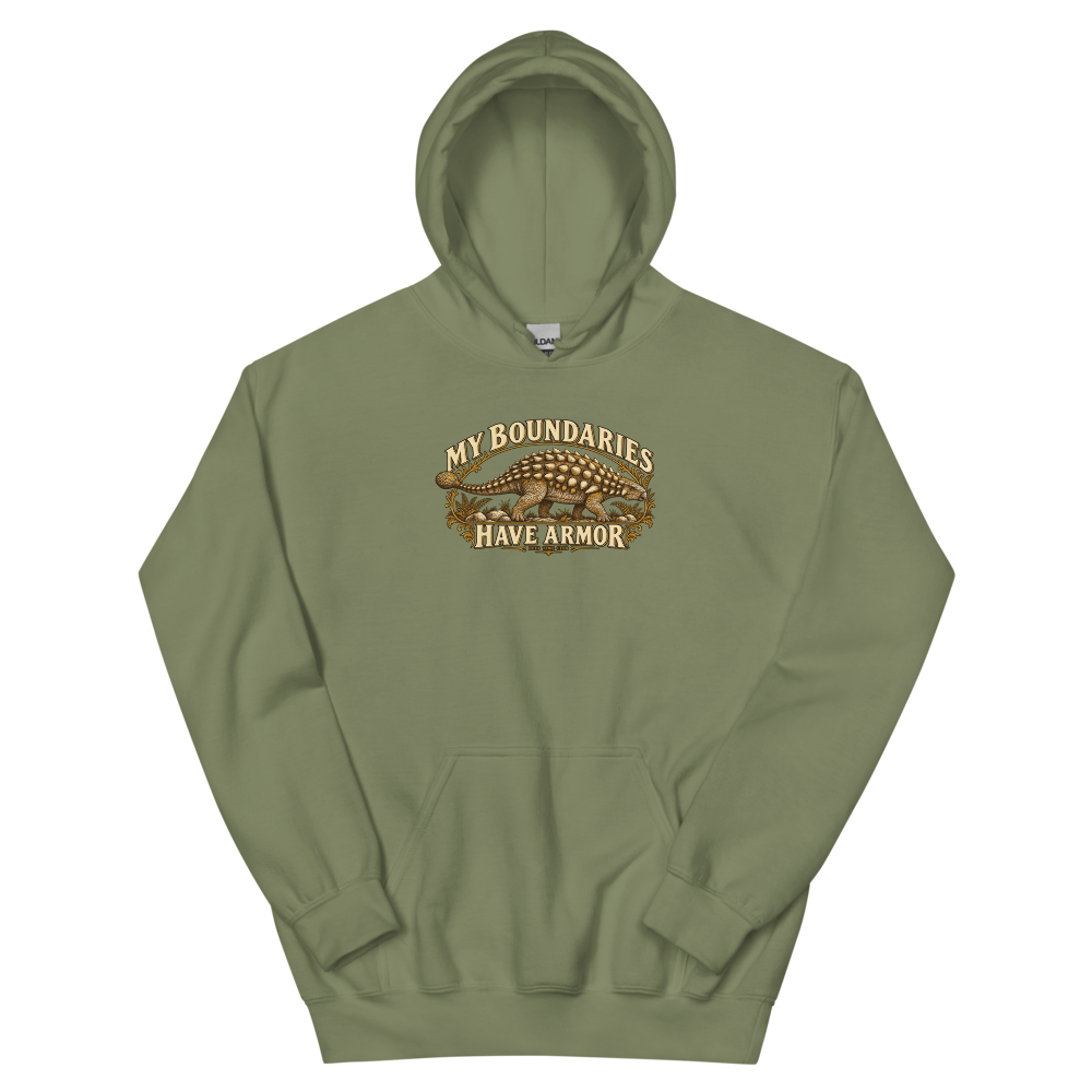My Boundaries Have Armor Hoodie supplier-rendered front view in Military Green