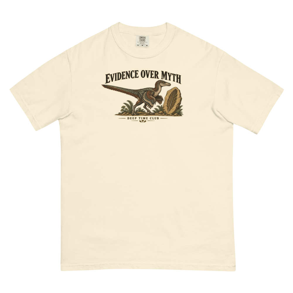 Evidence Over Myth Tee supplier-rendered front view in Ivory
