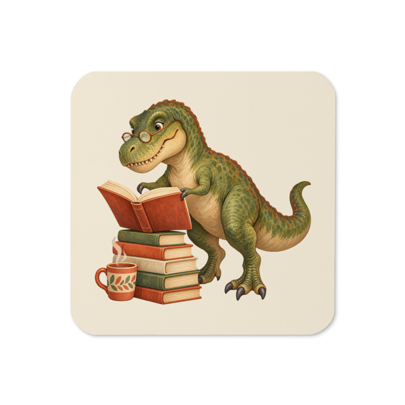 Book Club T. rex Coaster, one cream cork-back coaster