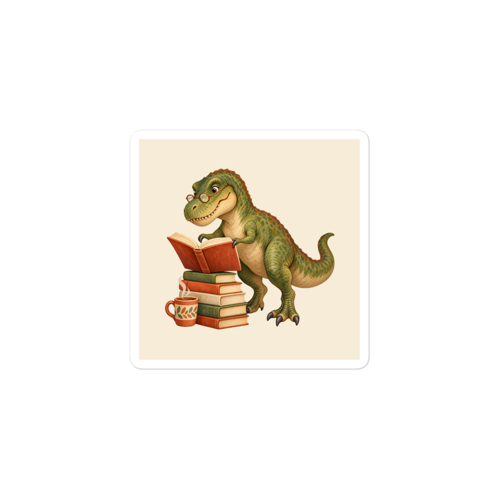 Book Club T. rex Sticker, one cream-backed square vinyl sticker with a white border
