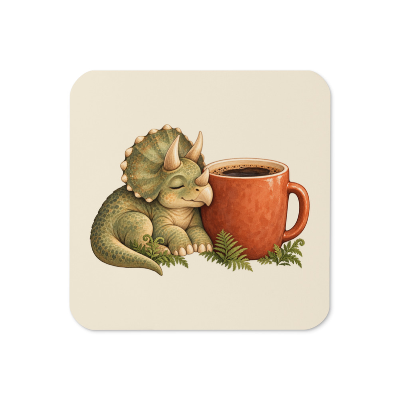 Coffee First Triceratops Coaster, one cream cork-back coaster