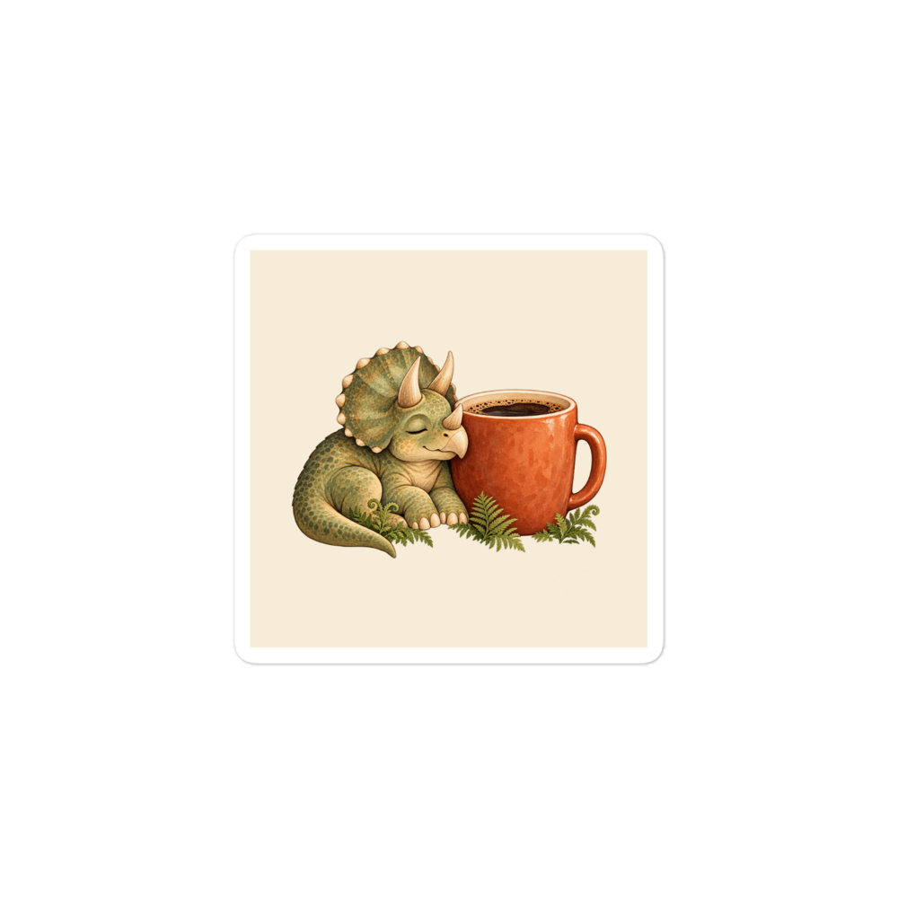 Coffee First Triceratops Sticker, one cream-backed square vinyl sticker with a white border