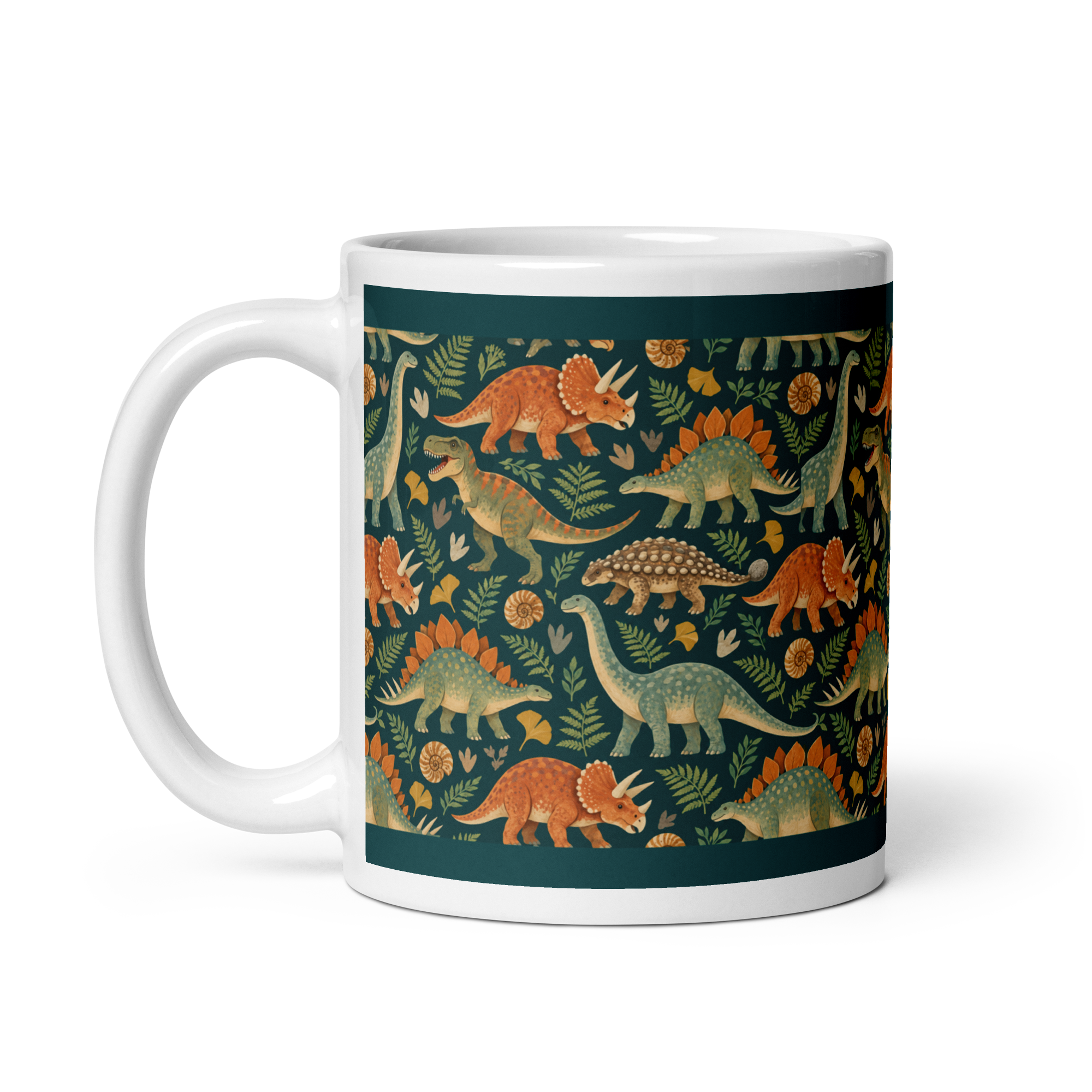 Printful preview of Dinosaur Parade Wrap Mug, 11 oz, white handle and interior