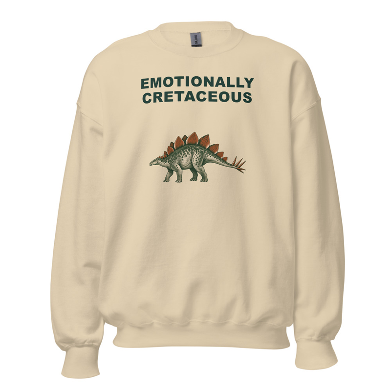 Model showing Emotionally Cretaceous Dinosaur Sweatshirt