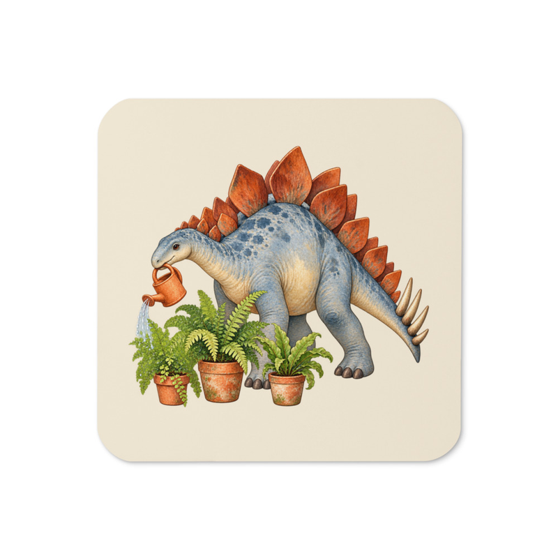 Fern Friend Stegosaurus Coaster, one cream cork-back coaster