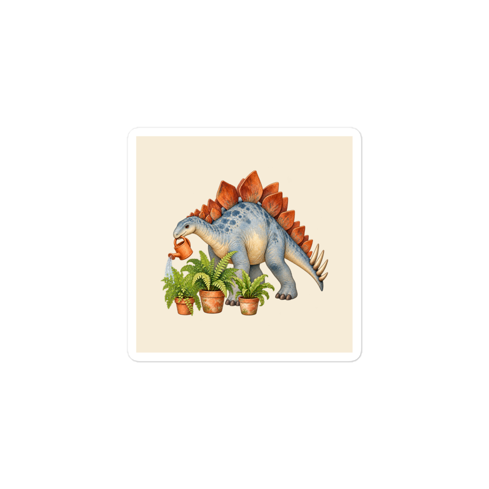 Fern Friend Stegosaurus Sticker, one cream-backed square vinyl sticker with a white border