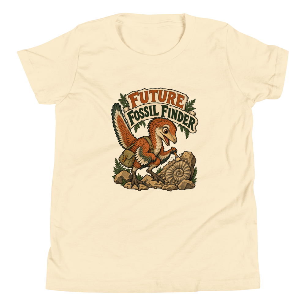 Future Fossil Finder artwork on a Natural youth T-shirt