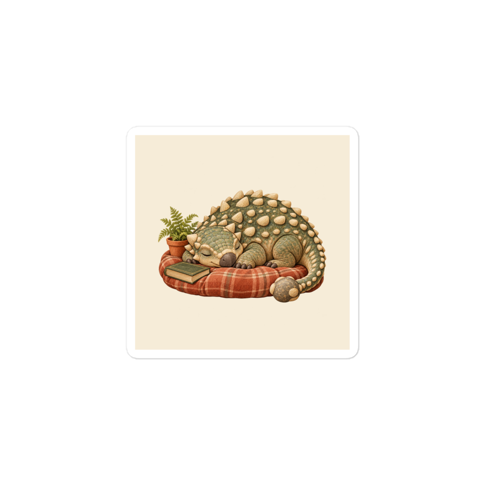 Slow Sunday Ankylosaurus Sticker, one cream-backed square vinyl sticker with a white border