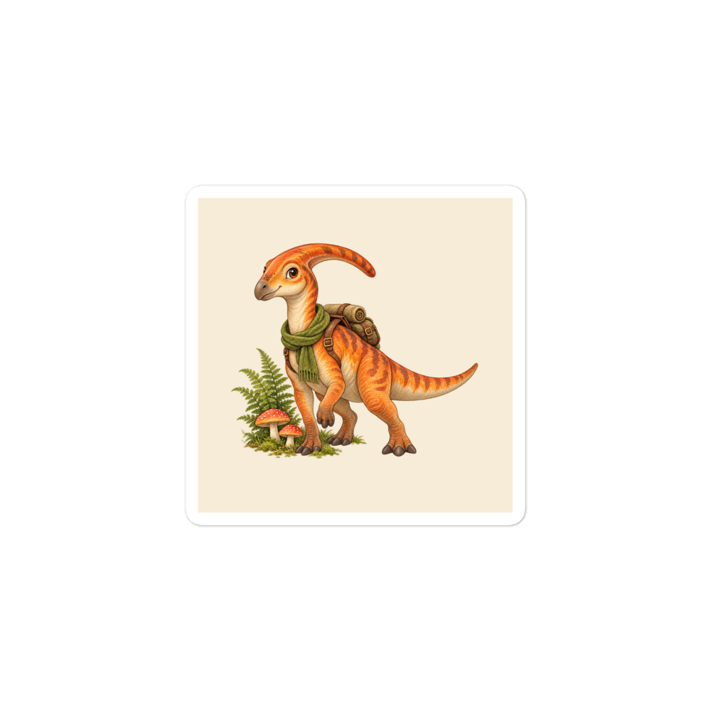 Trail Buddy Parasaurolophus Sticker, one cream-backed square vinyl sticker with a white border