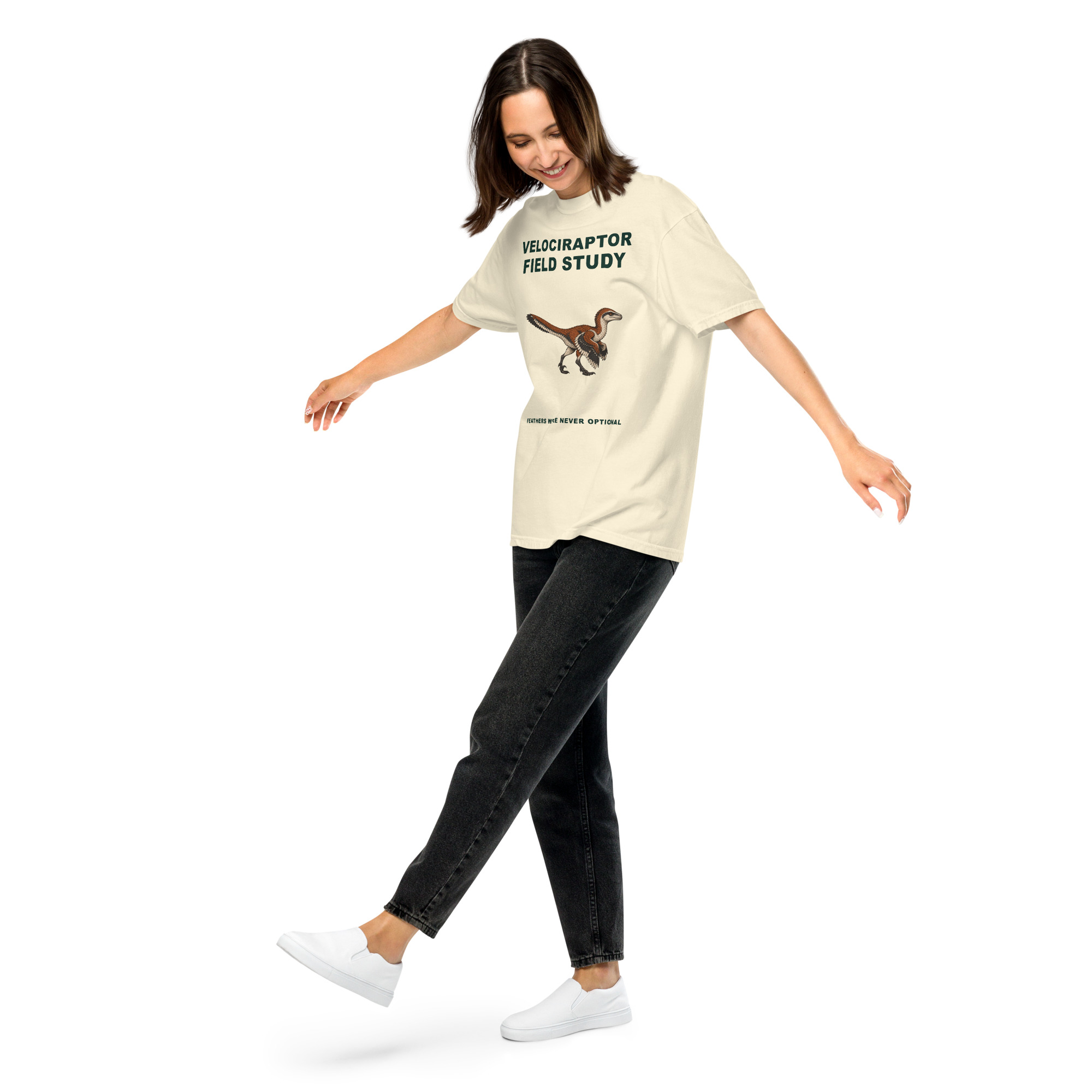 Model showing Velociraptor Field Study Tee