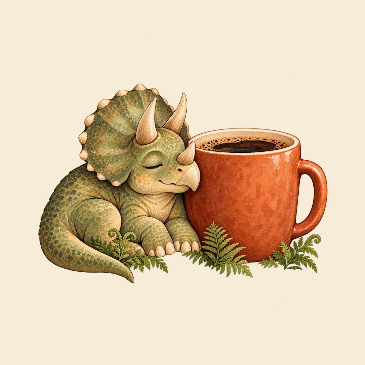 Close view of the original Coffee First Triceratops Coaster graphic