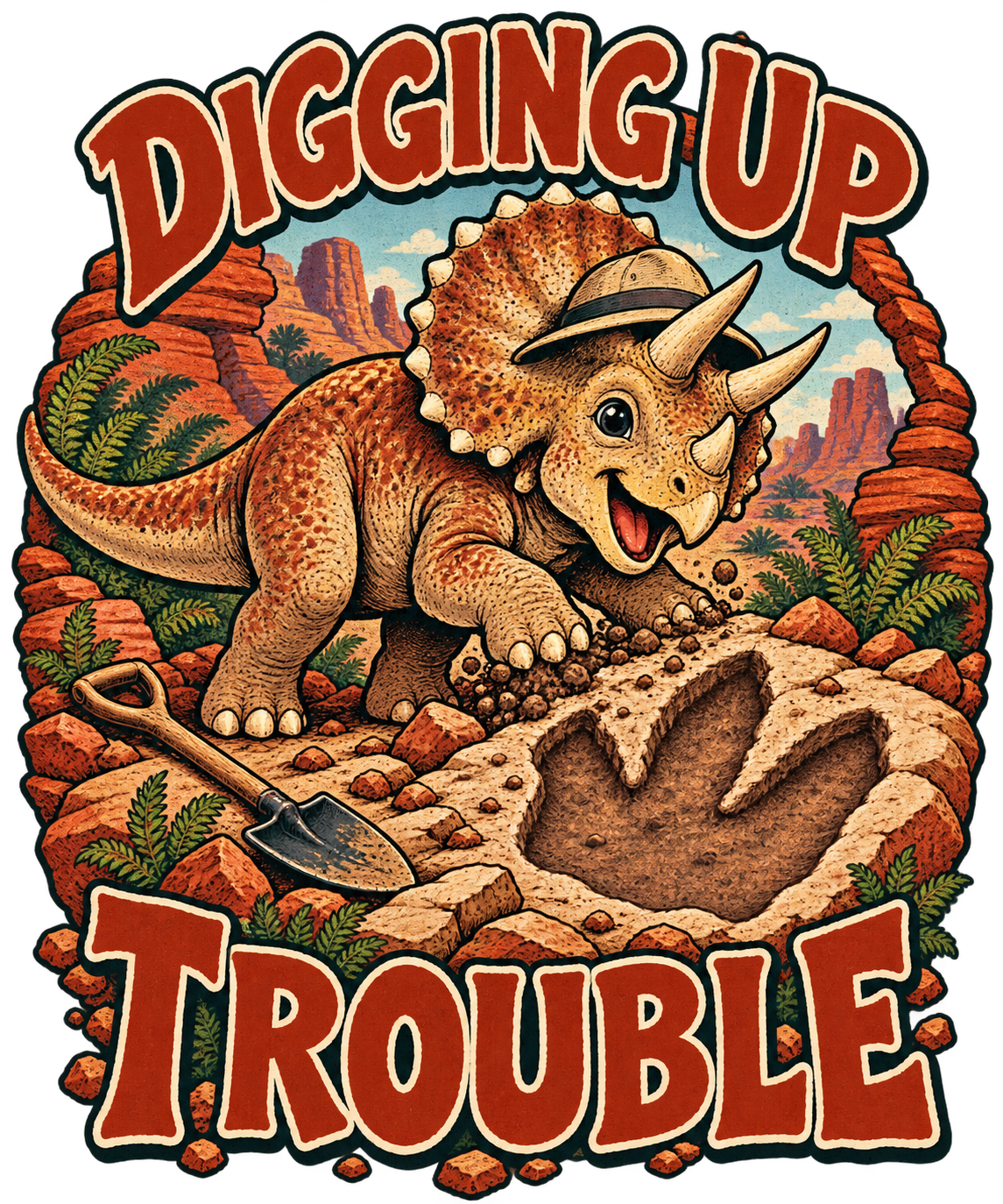 Close view of the original Digging Up Trouble Tee graphic