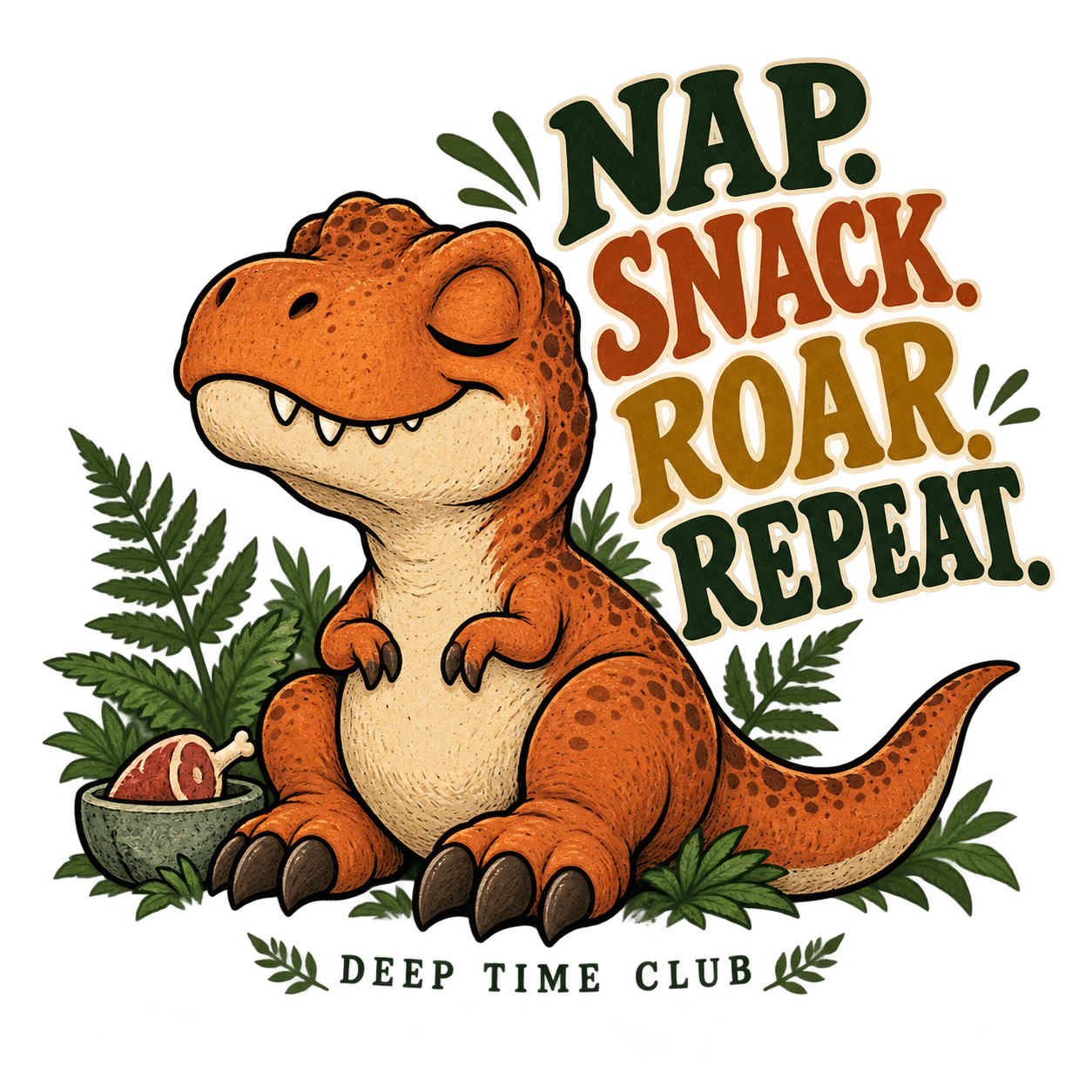 Close view of the original Nap. Snack. Roar. Repeat. Tee graphic
