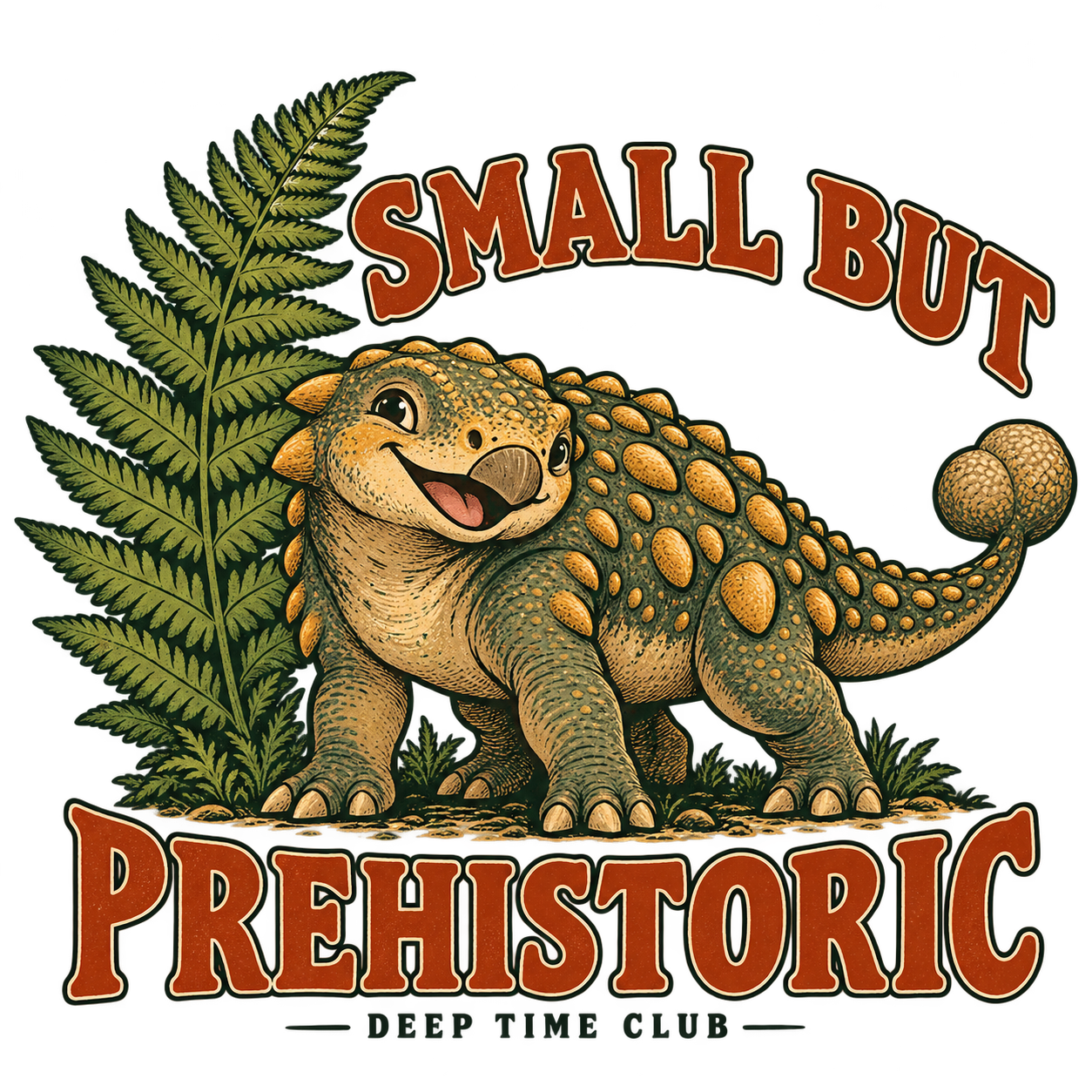 Close view of the original Small but Prehistoric Tee graphic