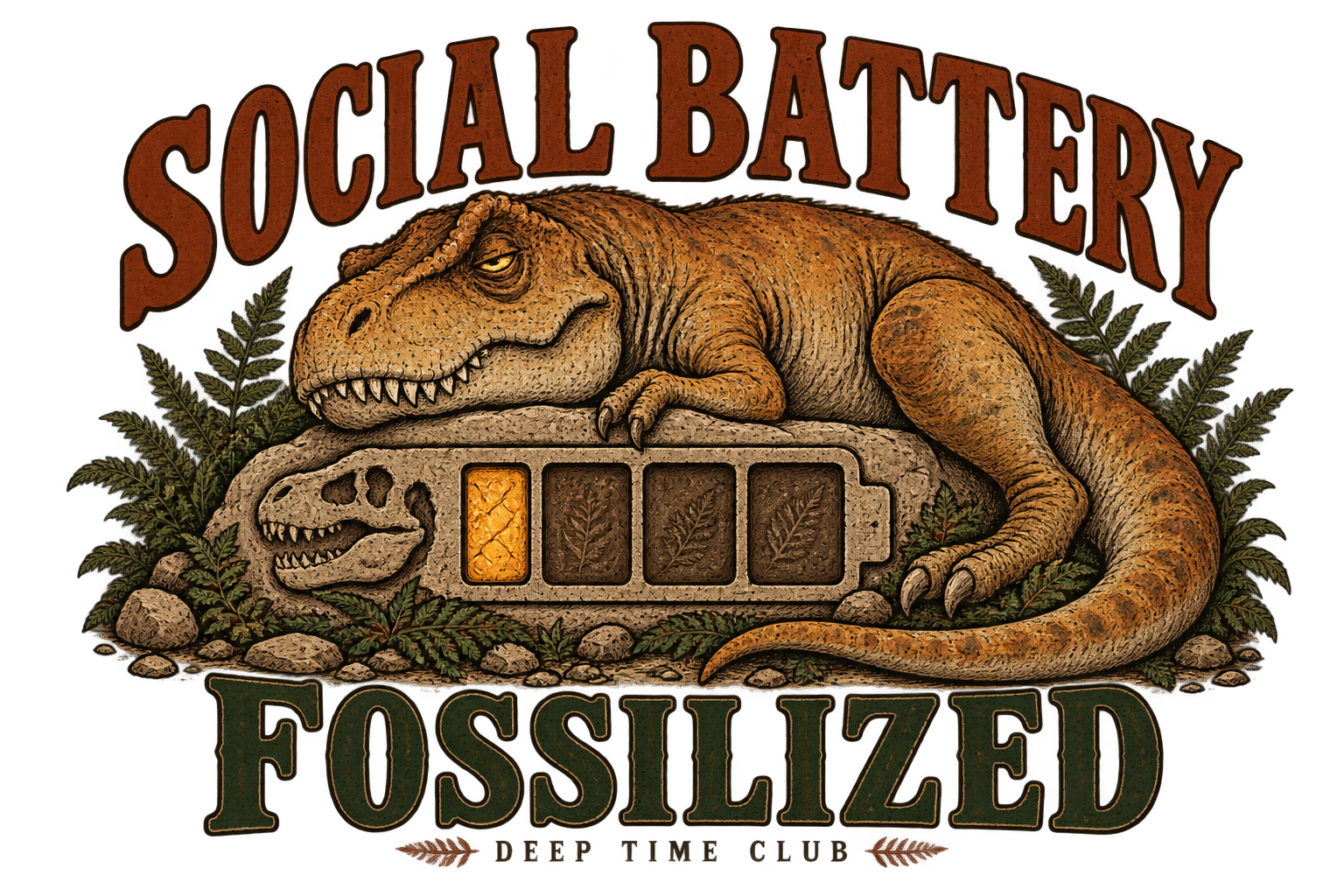 Close view of the original Social Battery: Fossilized Sweatshirt graphic