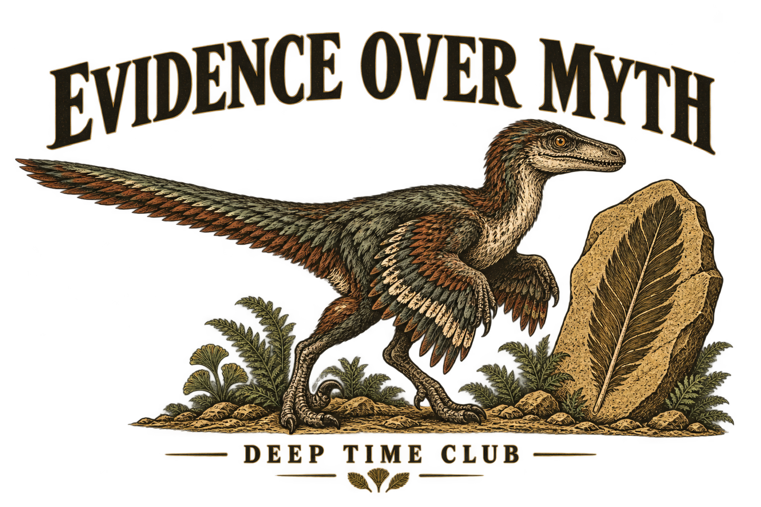 Close view of the original Evidence Over Myth Tee graphic